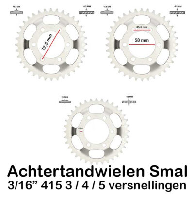 Achtertandwielen 3 / 4 / 5 versnellingen bromfiets smal 3/16" 415