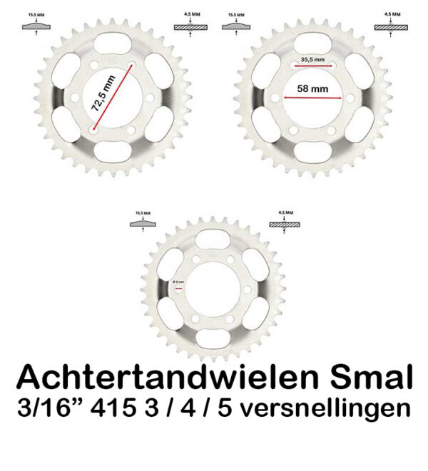 Achtertandwielen 3 / 4 / 5 versnellingen bromfiets smal 3/16" 415